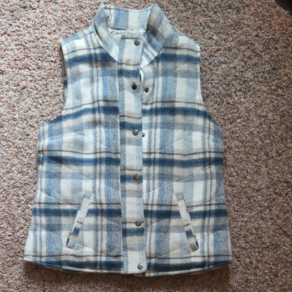 Christopher & Banks Beige and Blue Plaid Vest